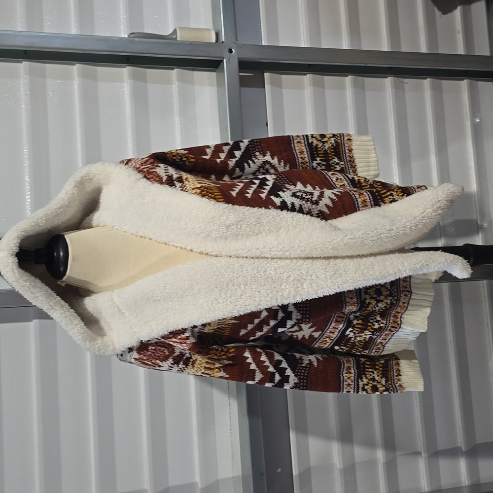 Almost Famous Hooded Cardigan - Brown and Cream Fleece Lined‎ Size XS